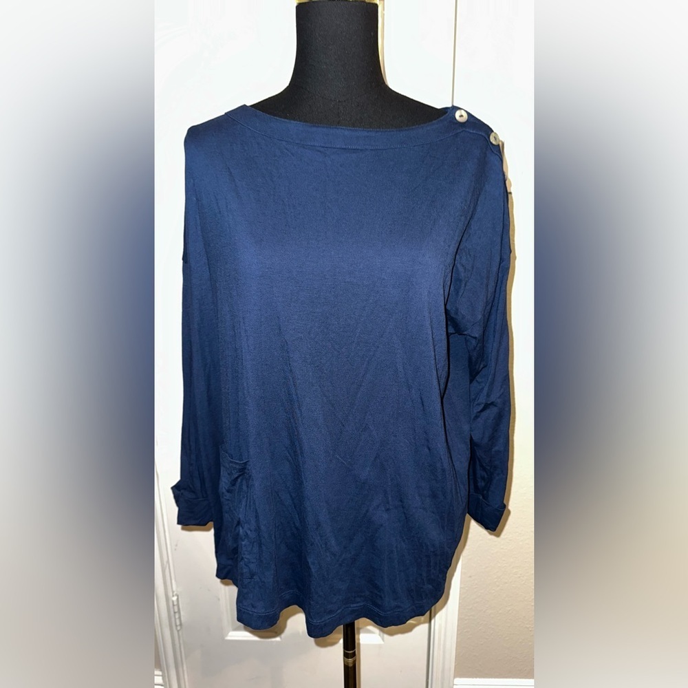 J. Jill Navy Blue Top Women’s Size L Pima Cotton Modal Stretch Button Shoulder